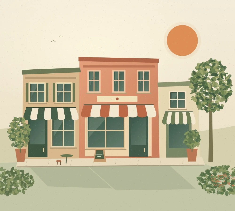 A sunlit neighbourhood of independent shops, illustrated in warm colours with a paper texture.