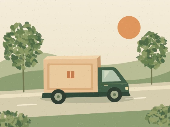 A small delivery truck travelling a tree-lined route, in the same textured print style.